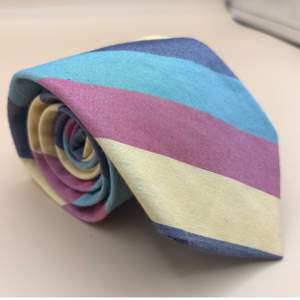 Lands End Vintage Mens Silk Cotton Striped Tie Hand Sewn USA Multi Color Preppy
